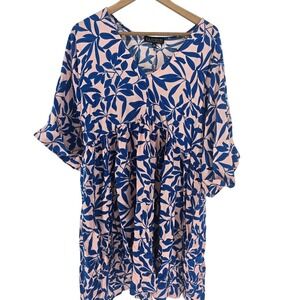 Eloquii Pink Blue Leaf Print V-Neck Babydoll Dress Plus Size 16